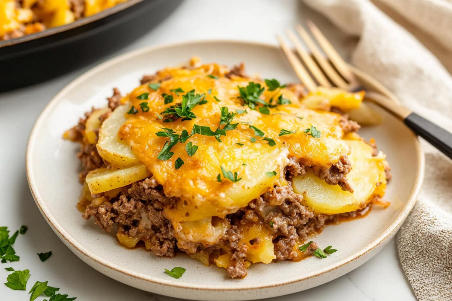 Hamburger potato casserole, featuring ground beef, cheese and herbs.