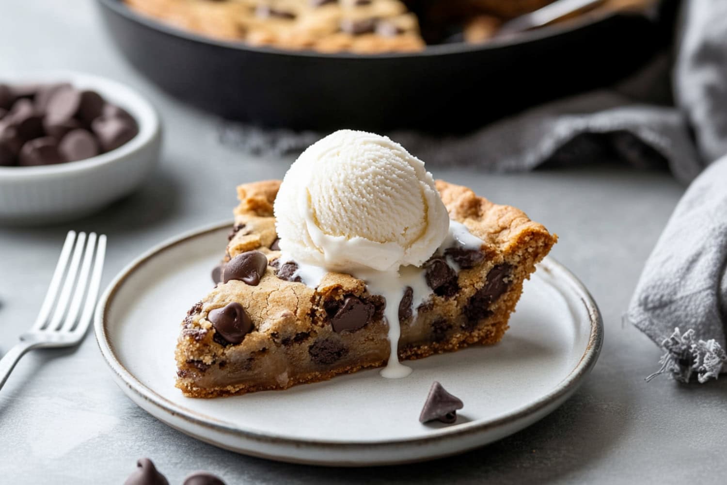 Side view of a warm sliced pizookie in a skillet, with vanilla ice cream slowly melting into the rich, gooey cookie dough.