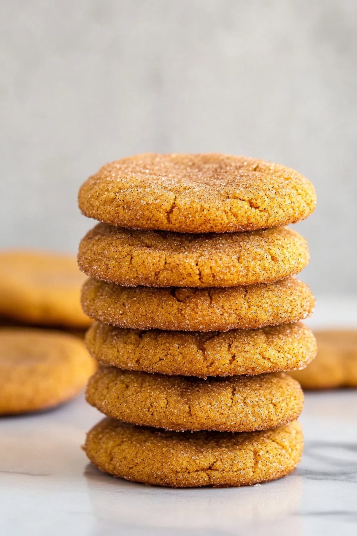 Pumpkin snickerdoodle cookies with a golden crackled surface stacked, side view