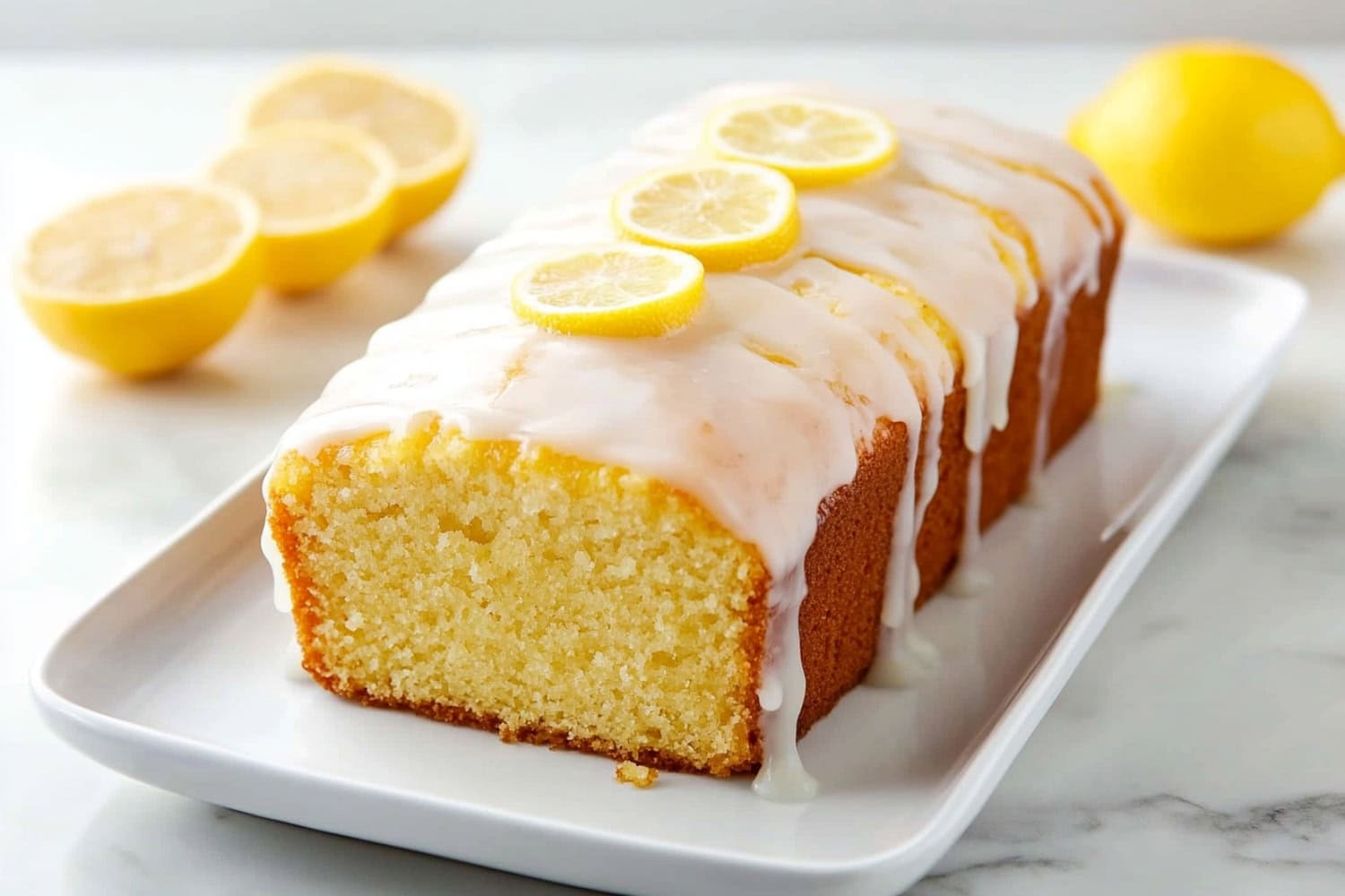 A platter of lemon yogurt cake in loaf bread with glaze.