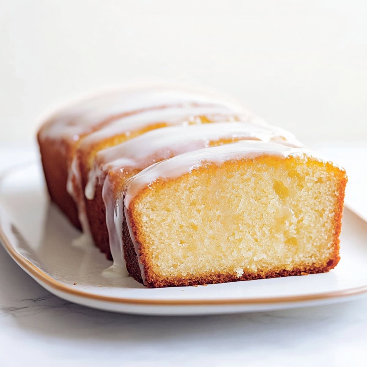 Sliced lemon yogurt cake on a plate with glaze, side view