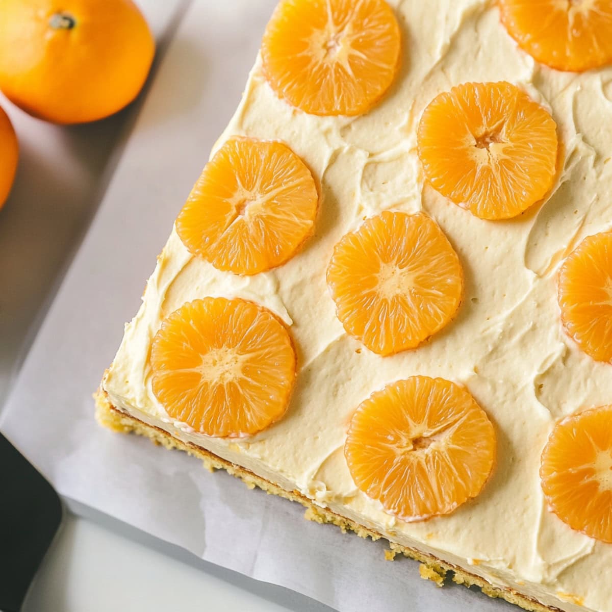 Mandarin orange cake on a parchment paper with fresh oranges for garnish, top view