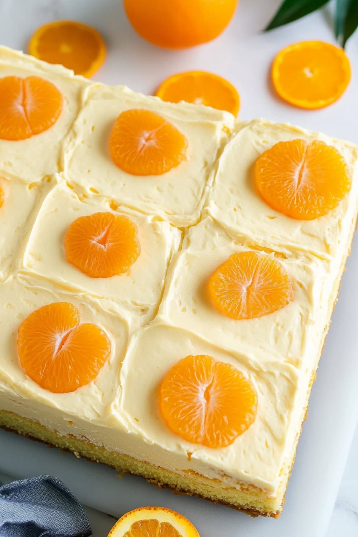 Mandarin orange cake with pineapple frosting and fresh mandarin oranges on top, top view.