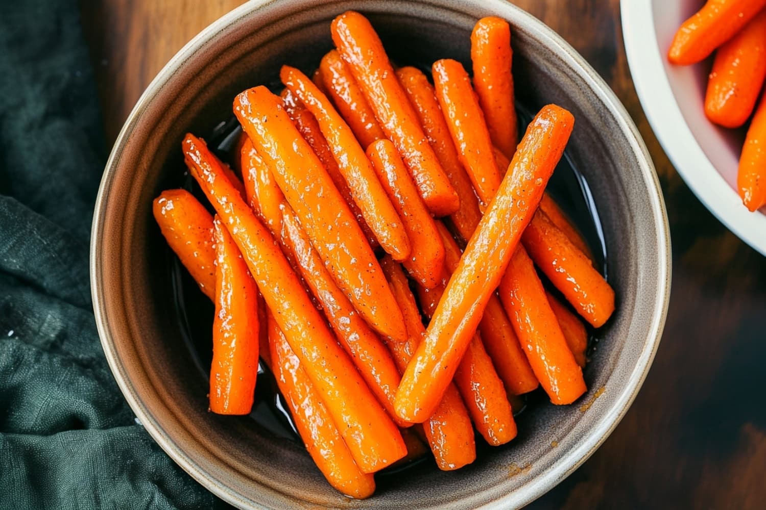 A serving of roasted maple glazed carrots in a bowl, overhead view.