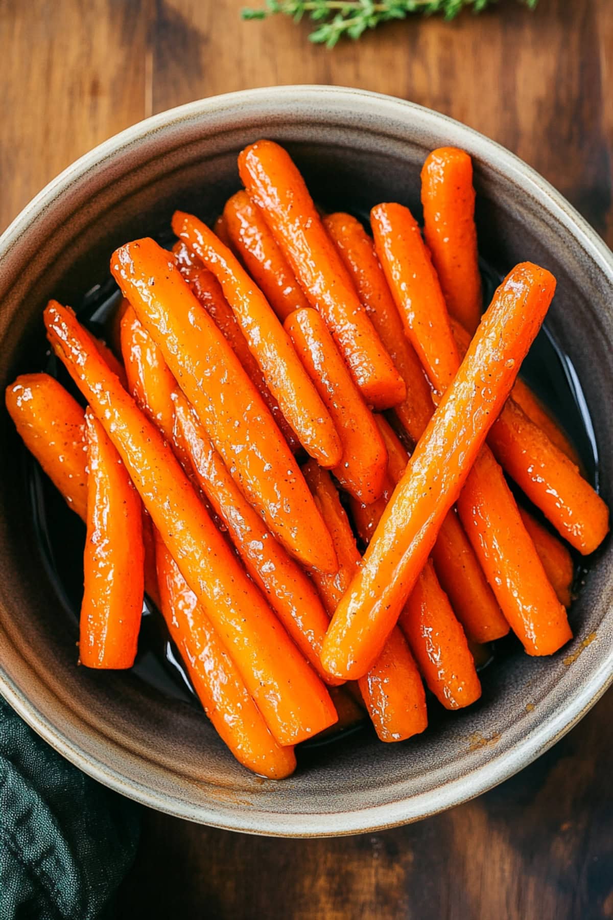 Overhead shot of maple glazed carrots in a wooden table.