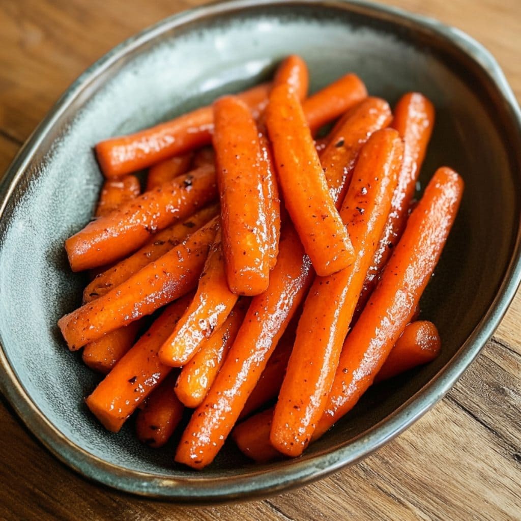 Close-up of maple glazed carrots, glistening with a rich glaze in a bowl.