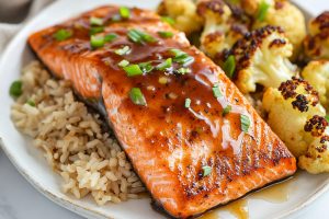 Easy, sweet and savory maple glazed salmon with rice.