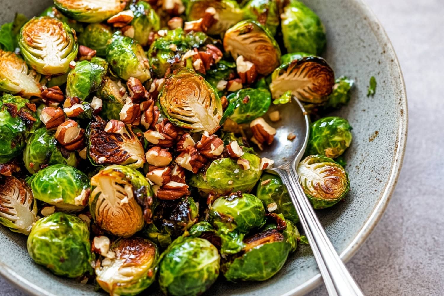 Golden brown maple roasted Brussels sprouts with nuts in a bowl, ready to be served.