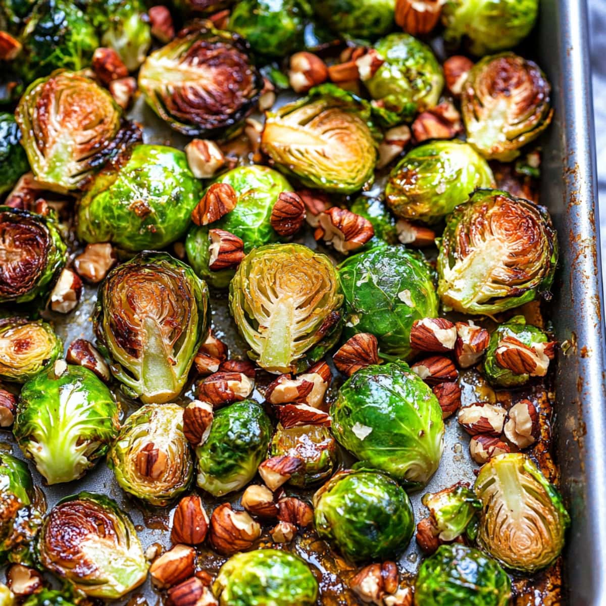 Maple roasted brussels sprouts in a baking dish with nuts.