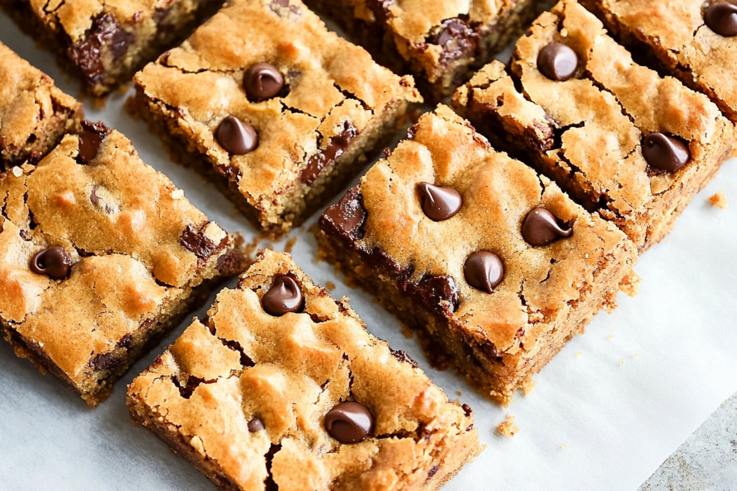 peanut butter chocolate chip bars on a white parchment paper.