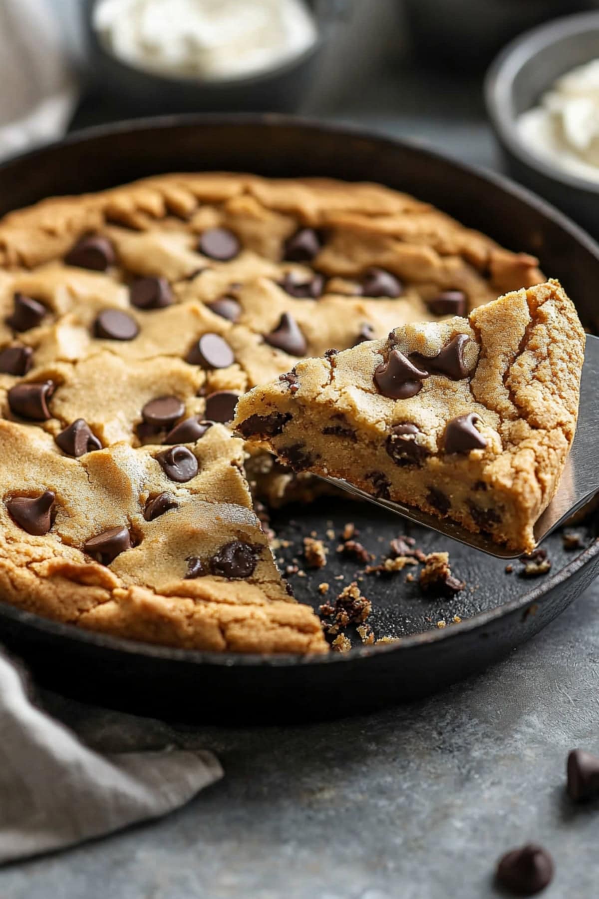 A slice of pizookie on a pie spatula lifted from a skillet. 