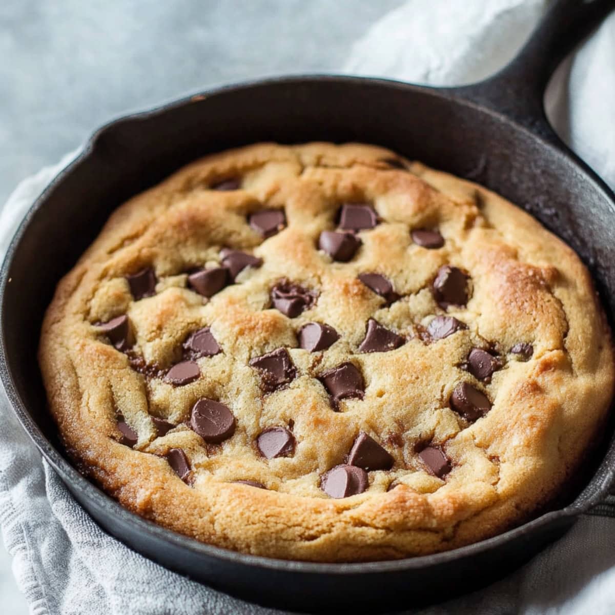 A chocolate chip skillet cookie topped with melty chocolate chips