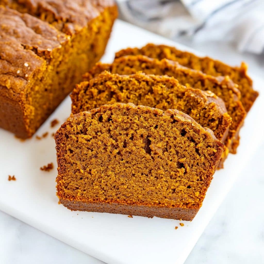 Freshly baked pumpkin banana bread loaf with a deep orange hue.