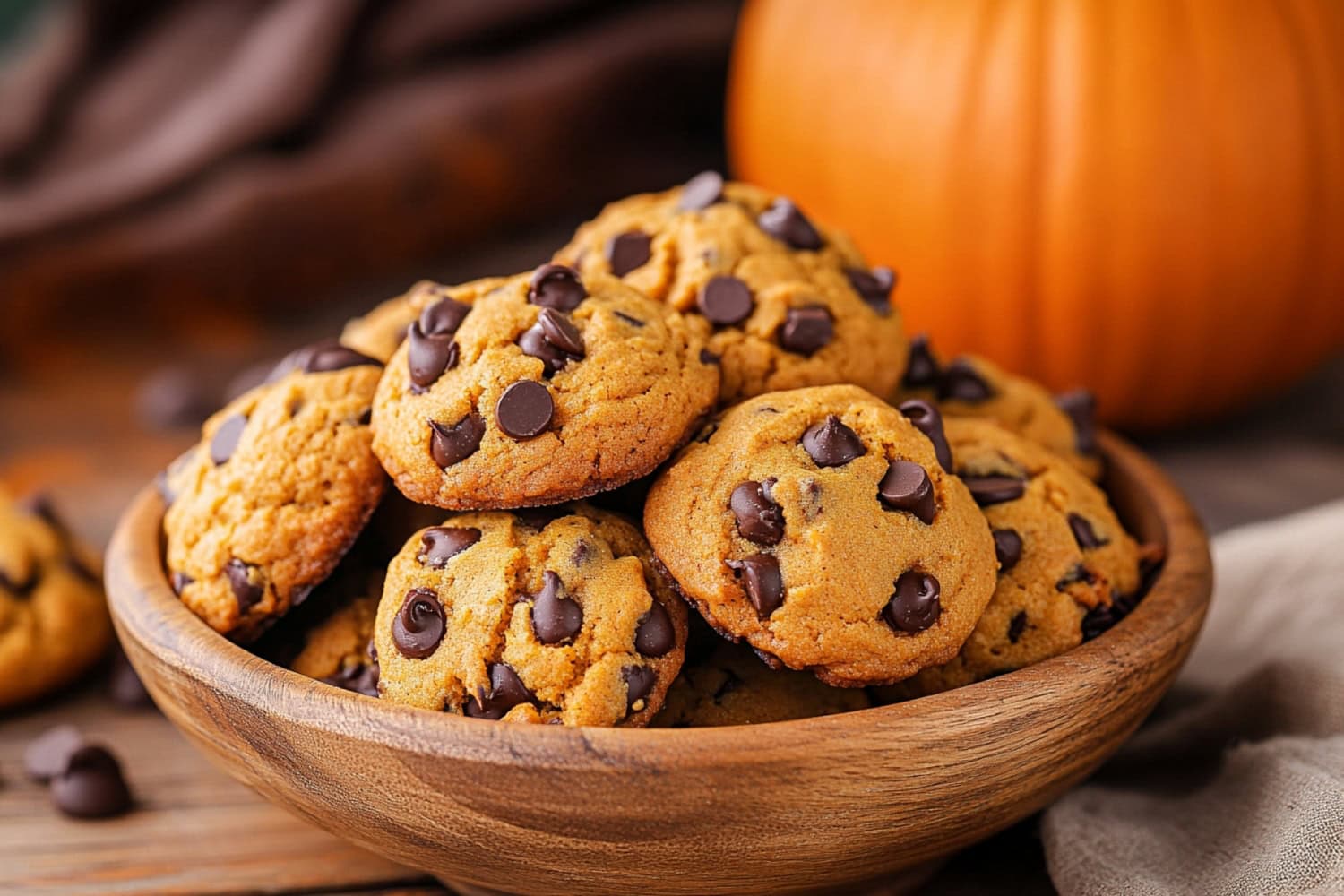 Melt-in-your-mouth pumpkin chocolate chip cookies in a wooden bowl.