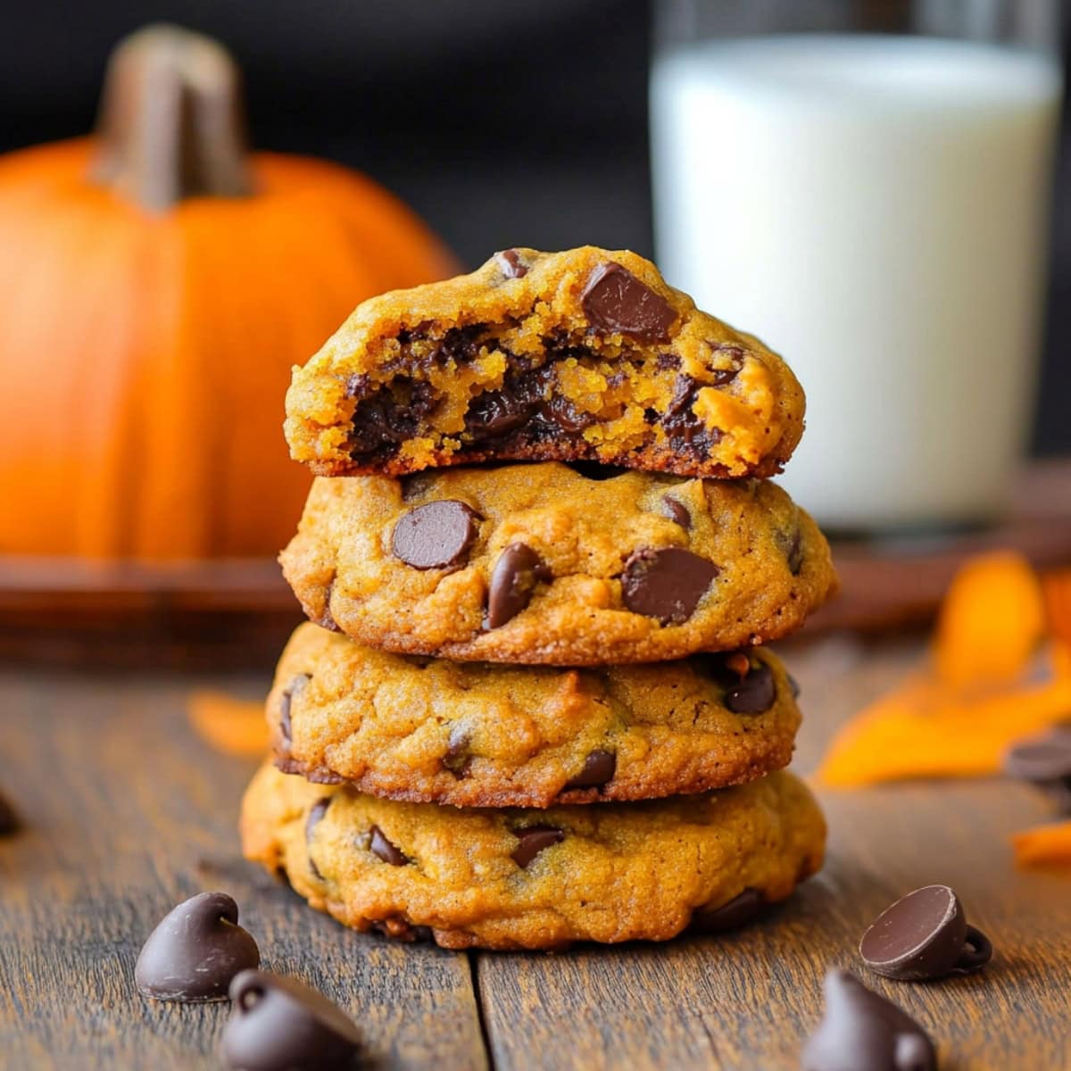 Freshly baked pumpkin chocolate chip cookies stacked on a wooden table, side view