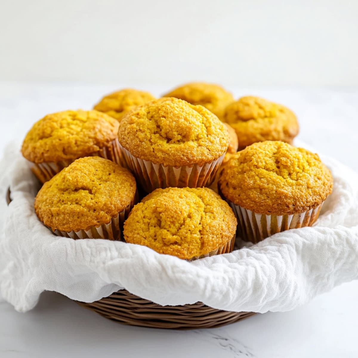 A basket full of pumpkin cornbread muffins.