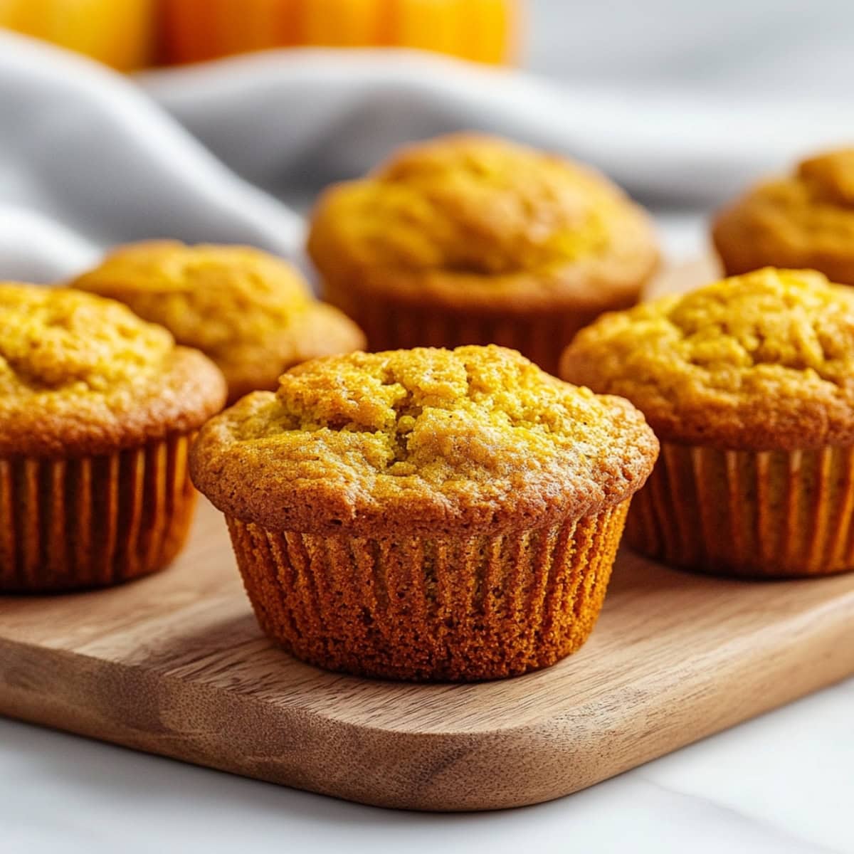 Pumpkin cornbread muffins on a wooden board, close-up