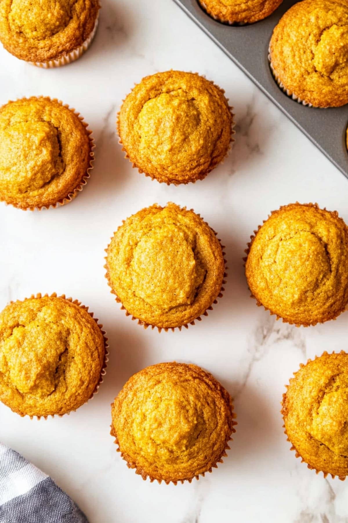 A batch of pumpkin cornbread muffins fresh from the oven, top view