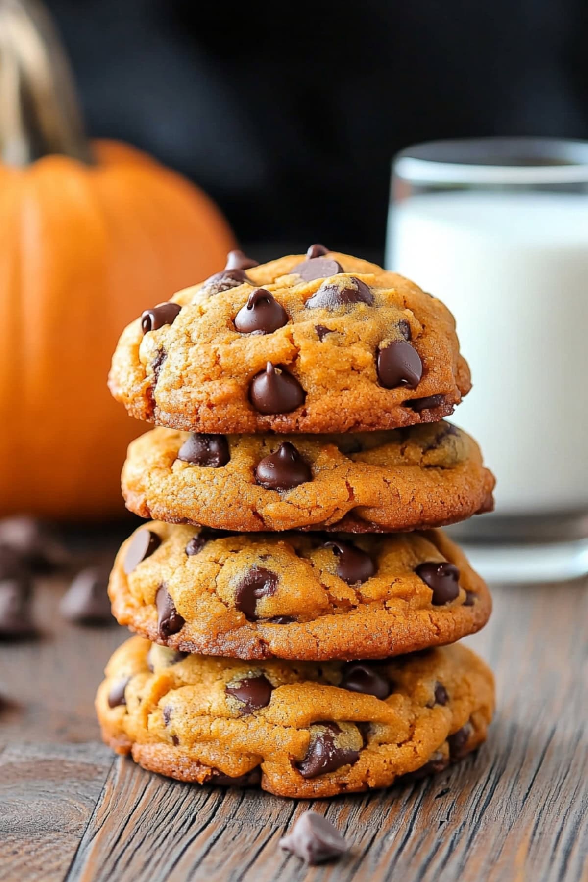 Pumpkin chocolate chip cookies stacked, side view