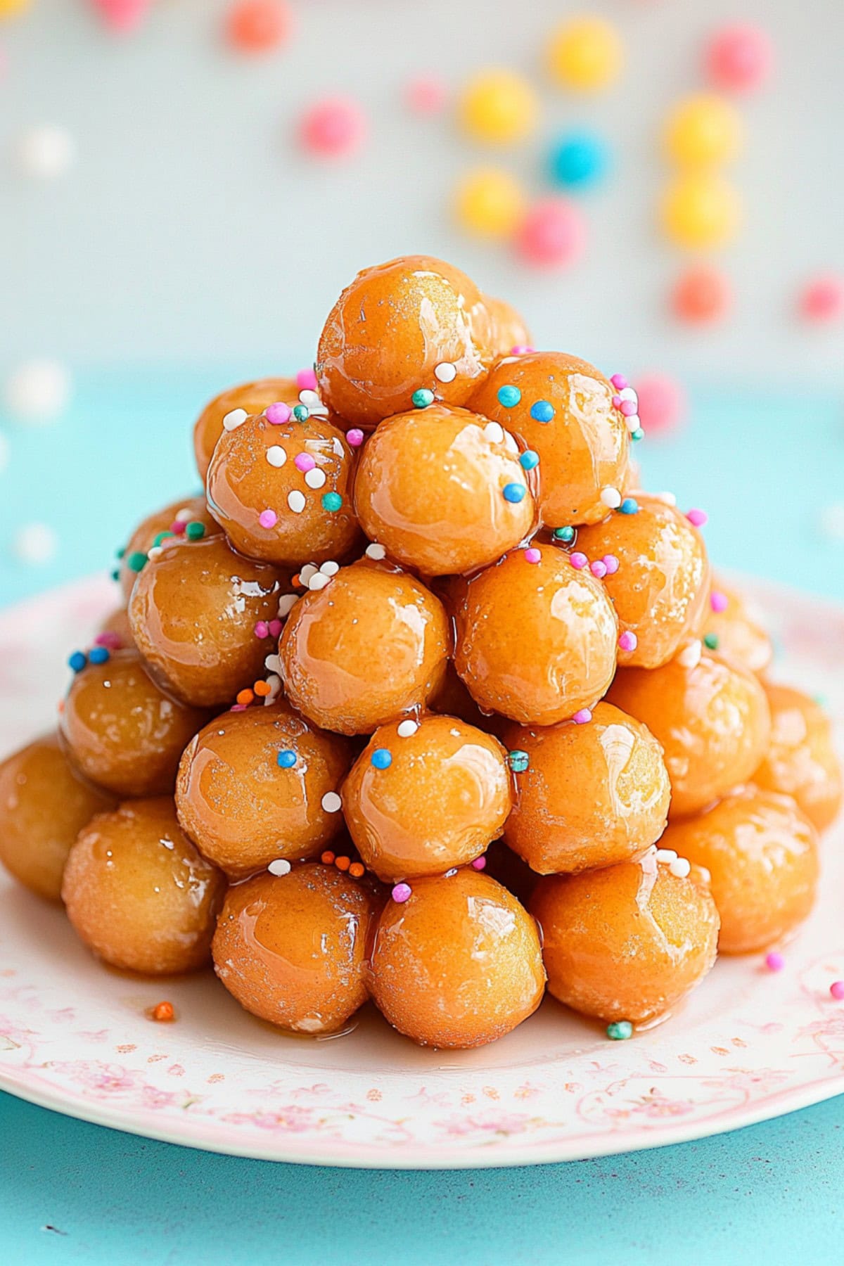 A close-up of golden struffoli Italian honey balls piled high with colorful sprinkles