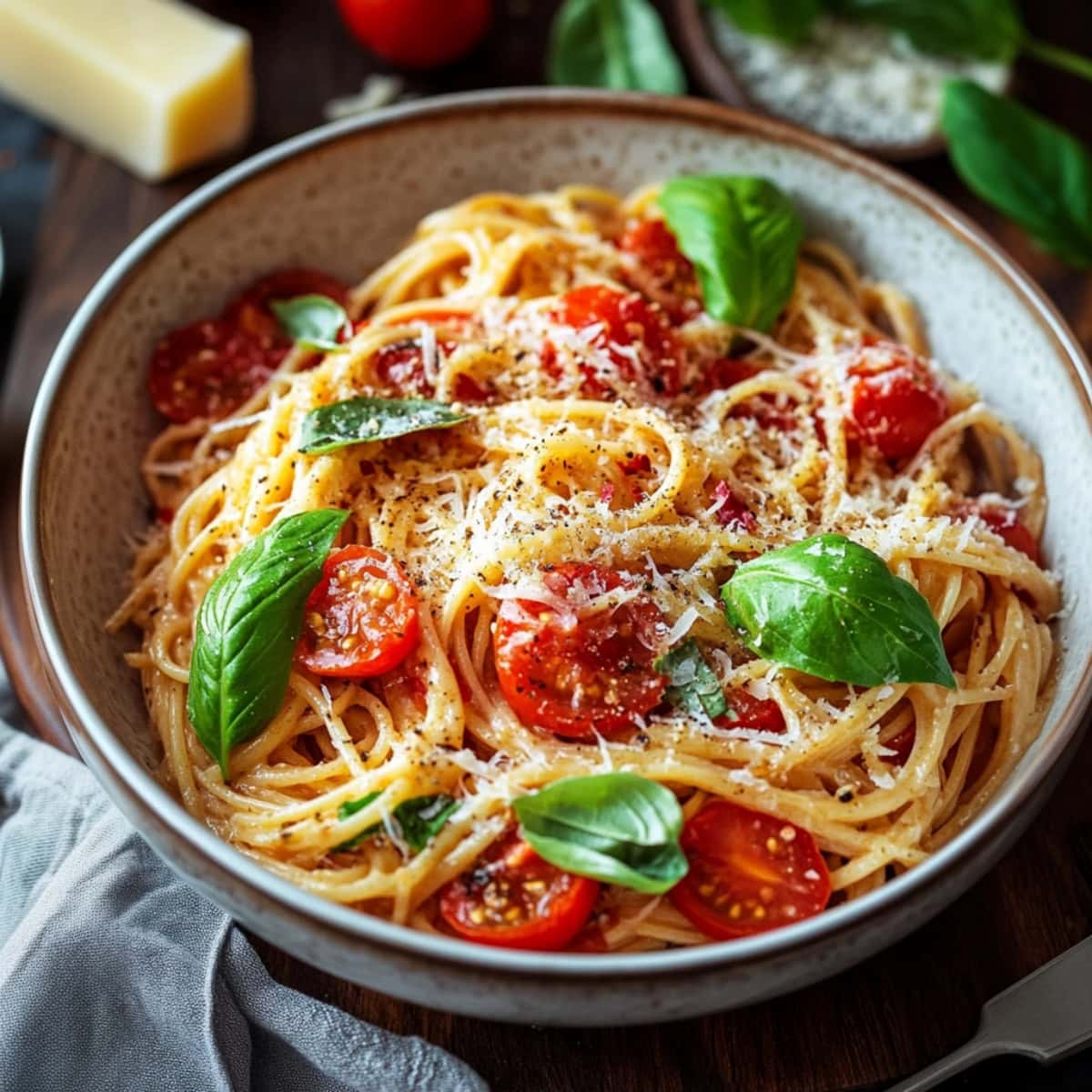 Delicious homemade tomato basil pasta.