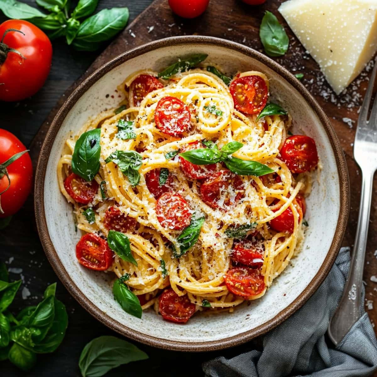 An overhead view of tomato basil with parmesan.