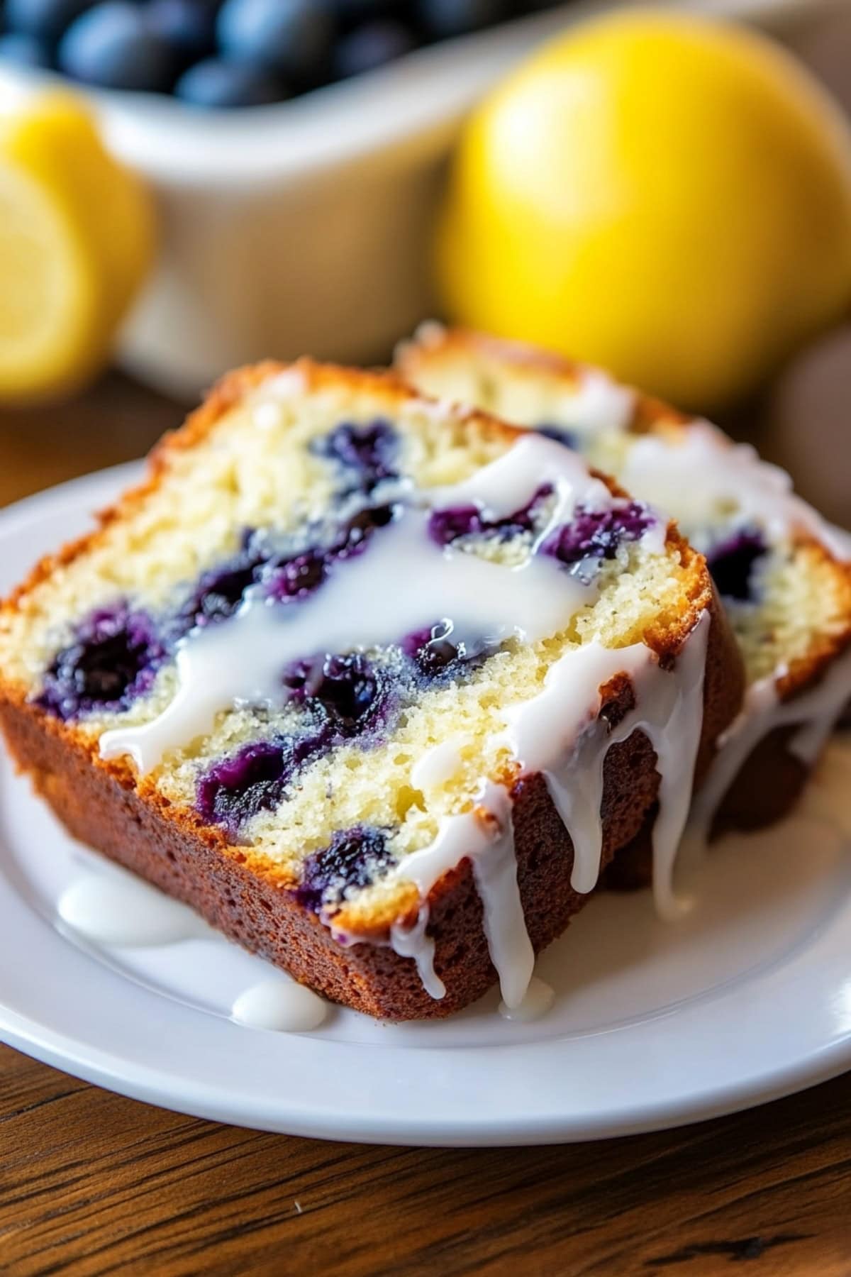 Two slices of lemon blueberry yogurt cake on a white plate drizzled with lemon glaze