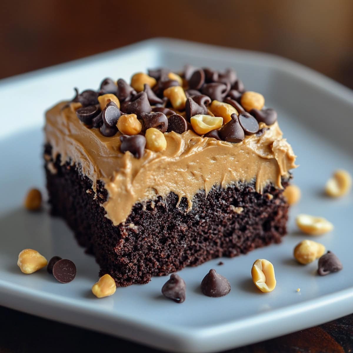 A slice of peanut butter and chocolate poke cake on a plate