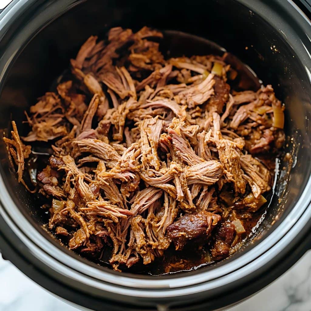 Barbacoa beef inside a slow cooker pot.