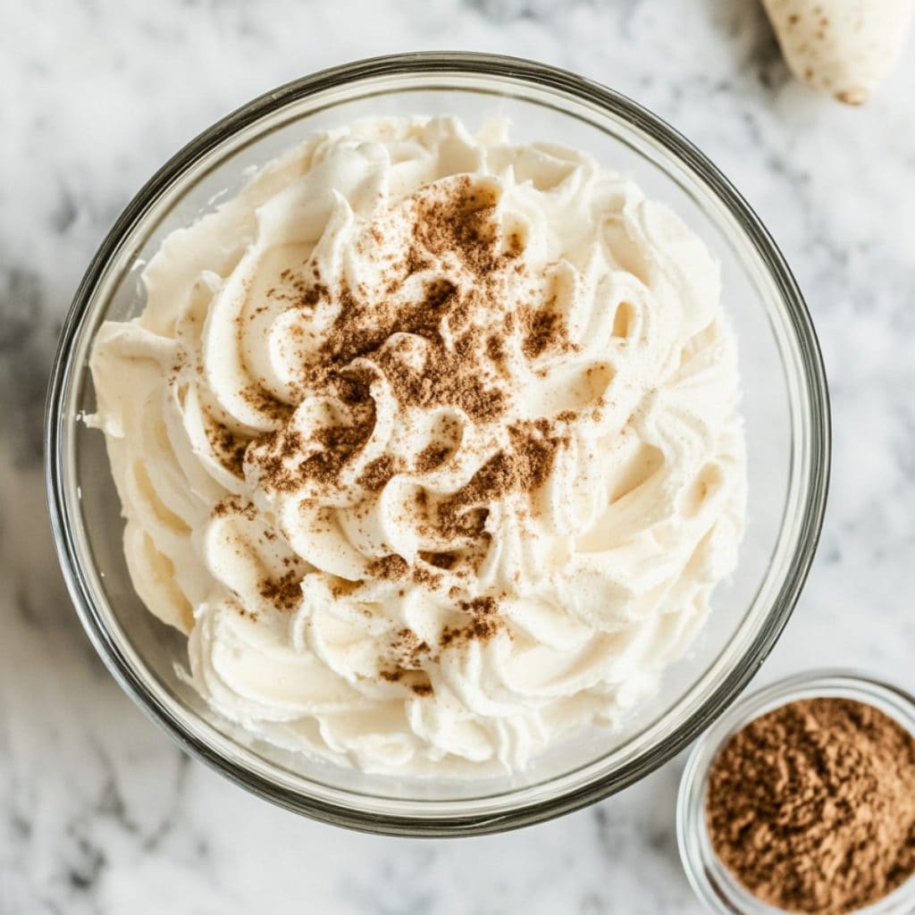 Eggnog Buttercream in a mixing bowl, top view