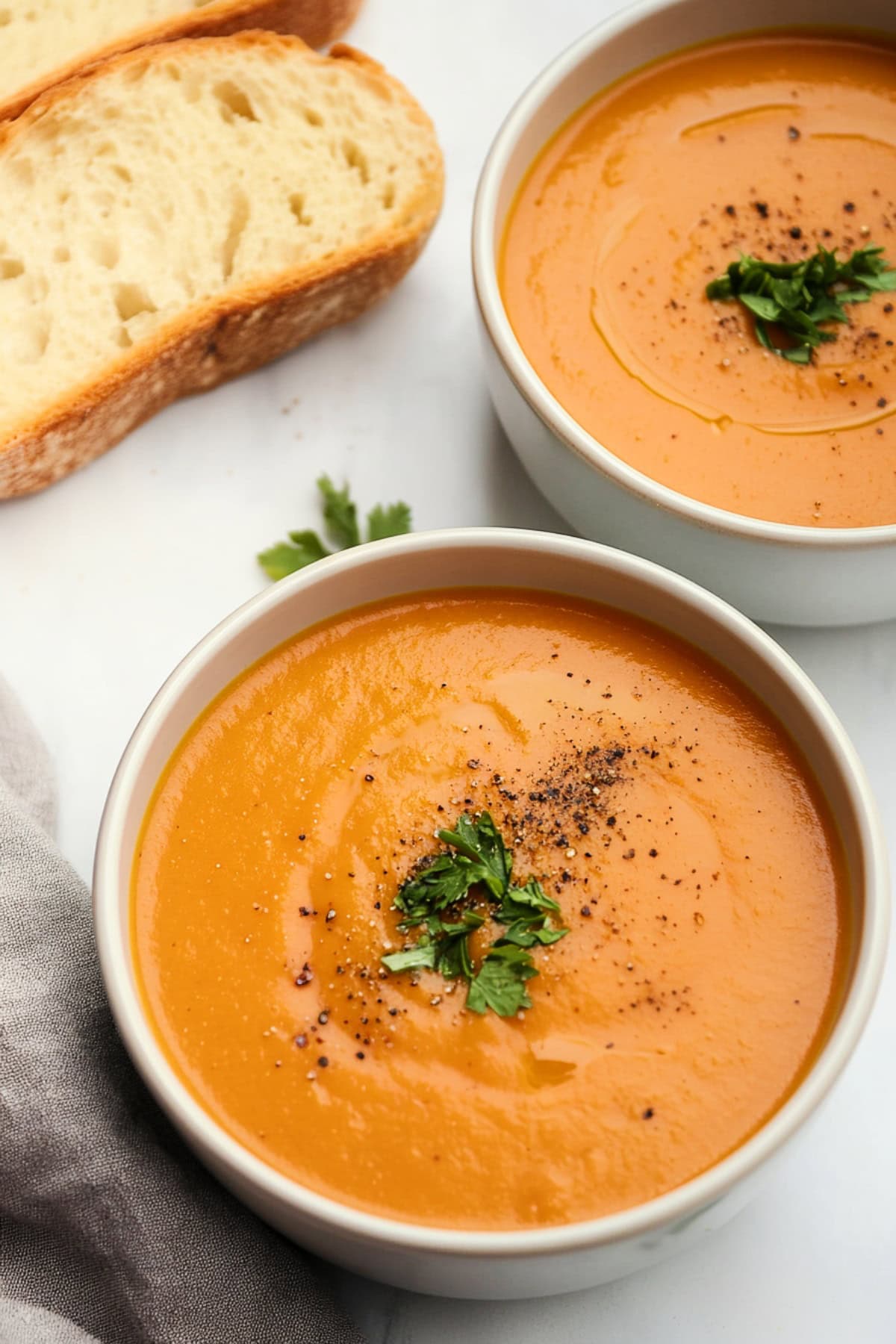 Two bowls of creamy sweet potato and carrot soup.