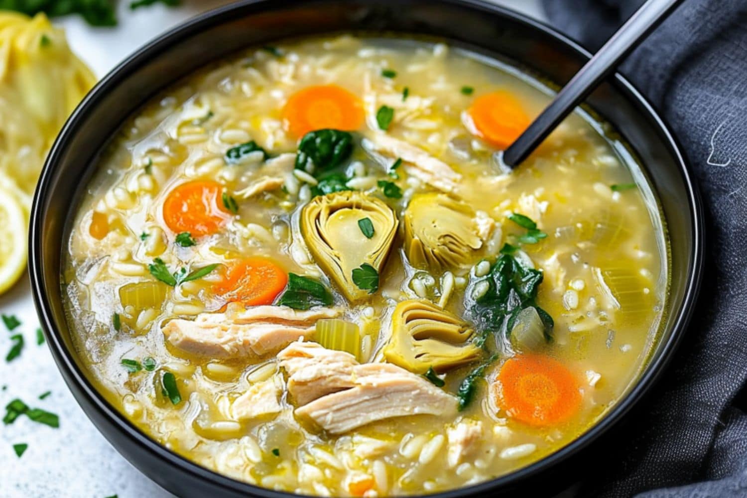 A serving of soup with shredded chicken, artichoke, spinach and orzo pasta served in a black bowl.