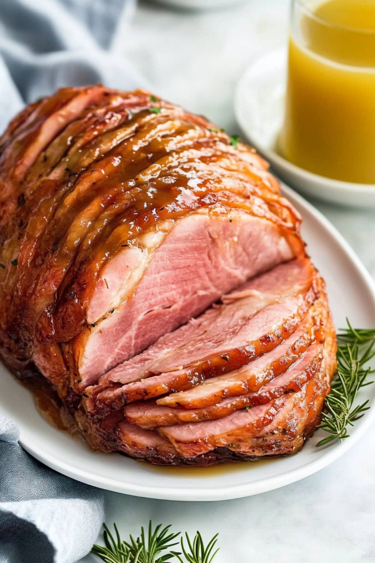 Maple glazed ham on a white serving plate, with orange juice on the side.