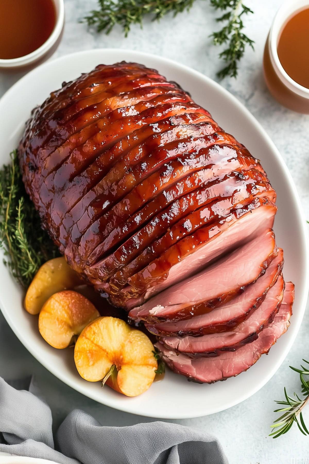 An overhead view of maple glazed ham on a white platter with fresh rosemary and sliced apples