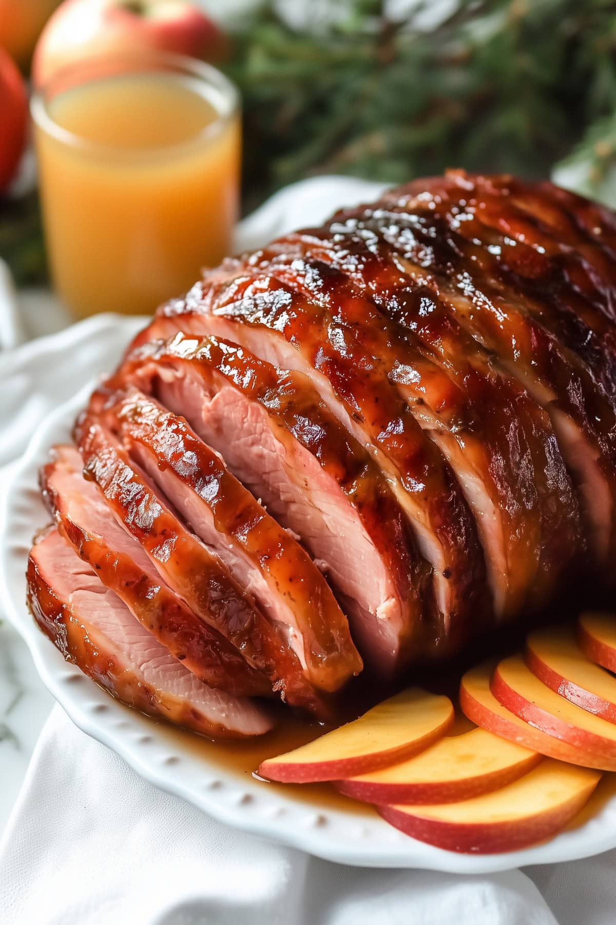 Sweet and savory maple glazed ham with fresh apple slices.