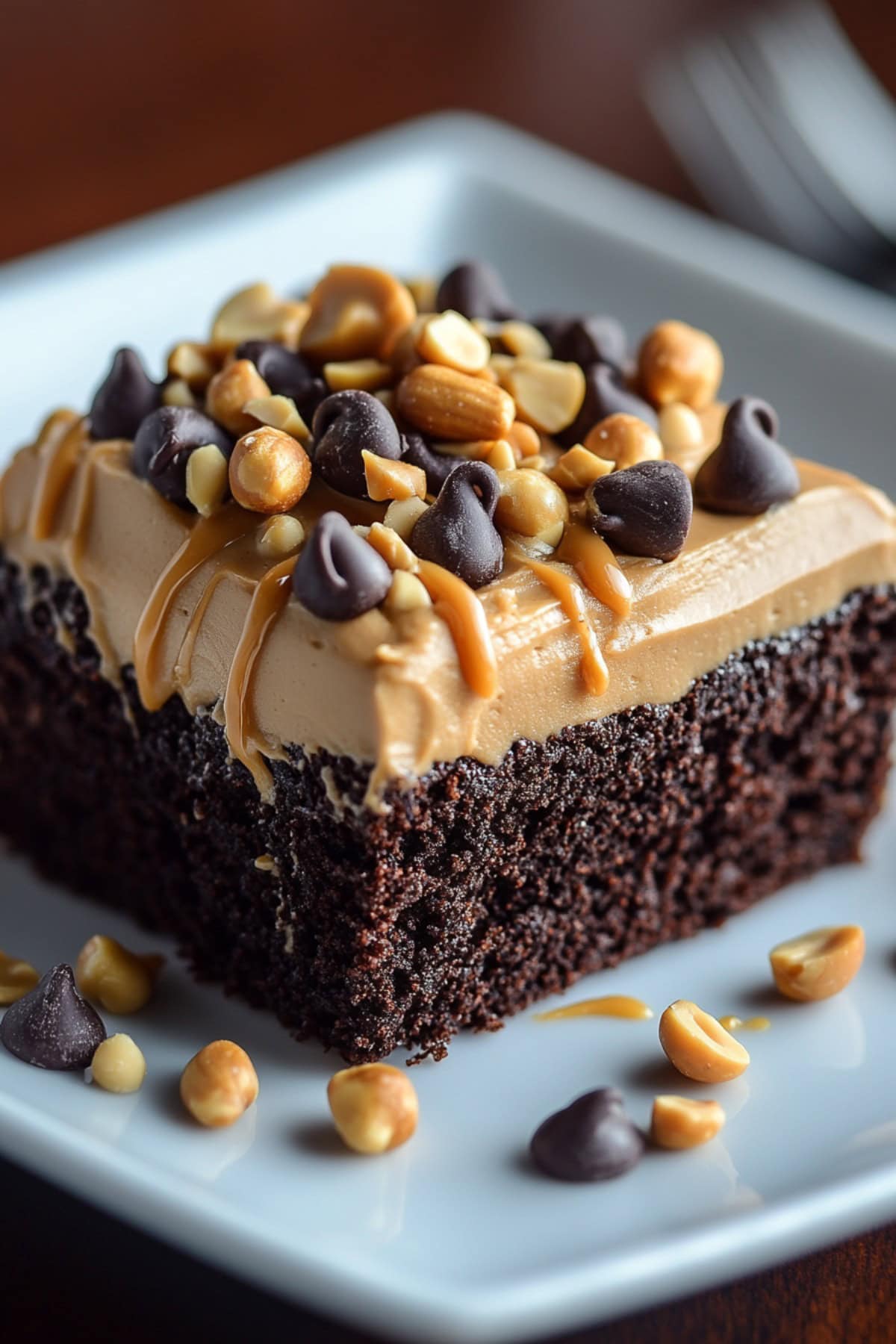 Square slice of chocolate and peanut butter cake