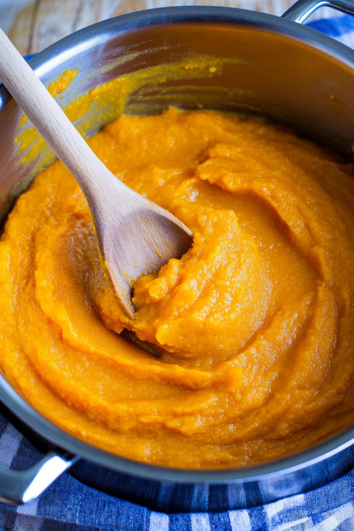 A large pot of sweet potato and carrot puree.