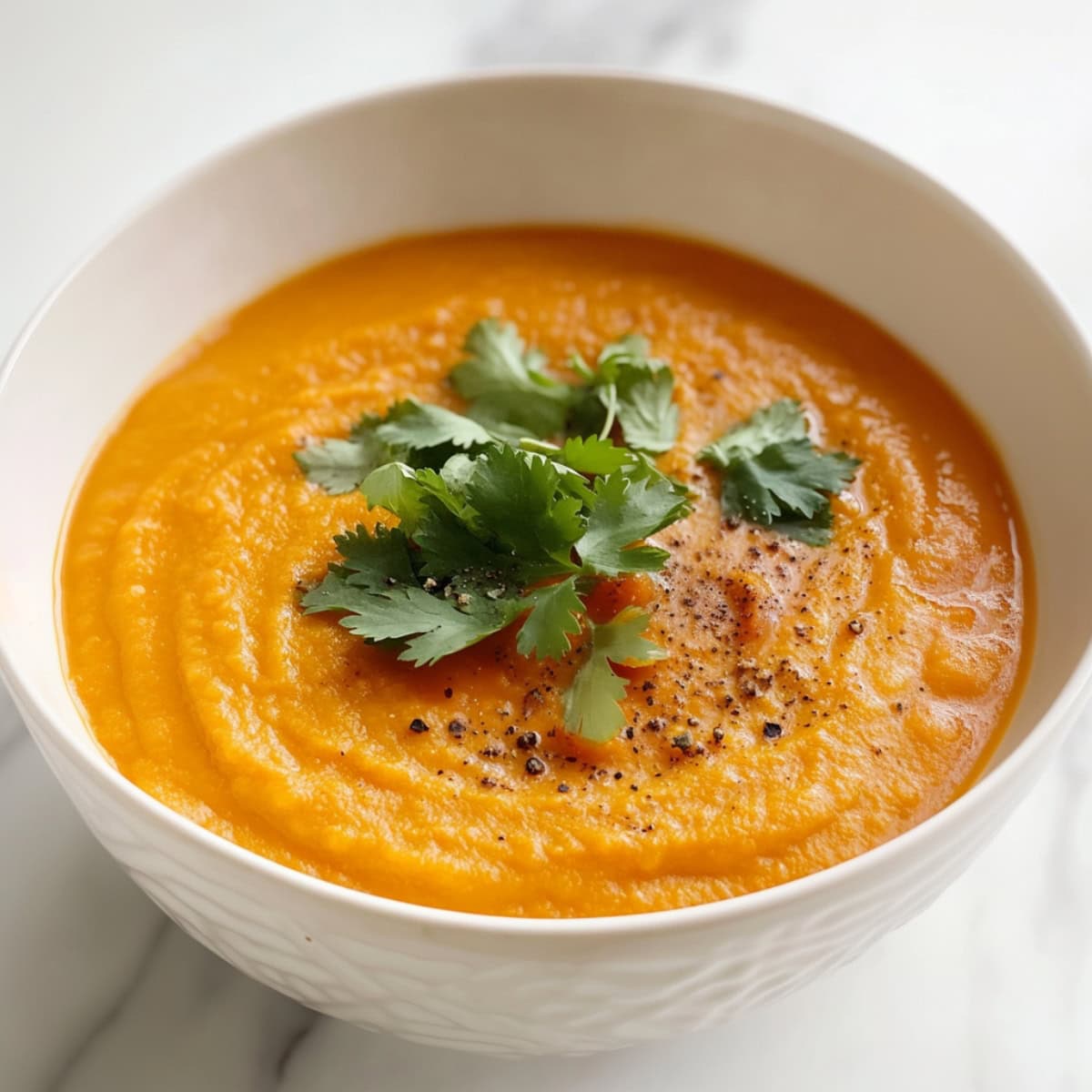 A close-up shot of sweet potato and carrot soup with cilantro.