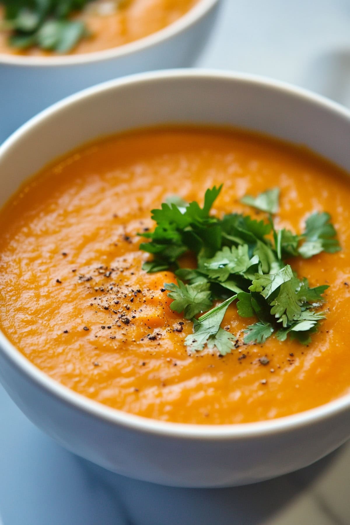 A close-up shot of a bowl of creamy sweet potato and carrot soup.