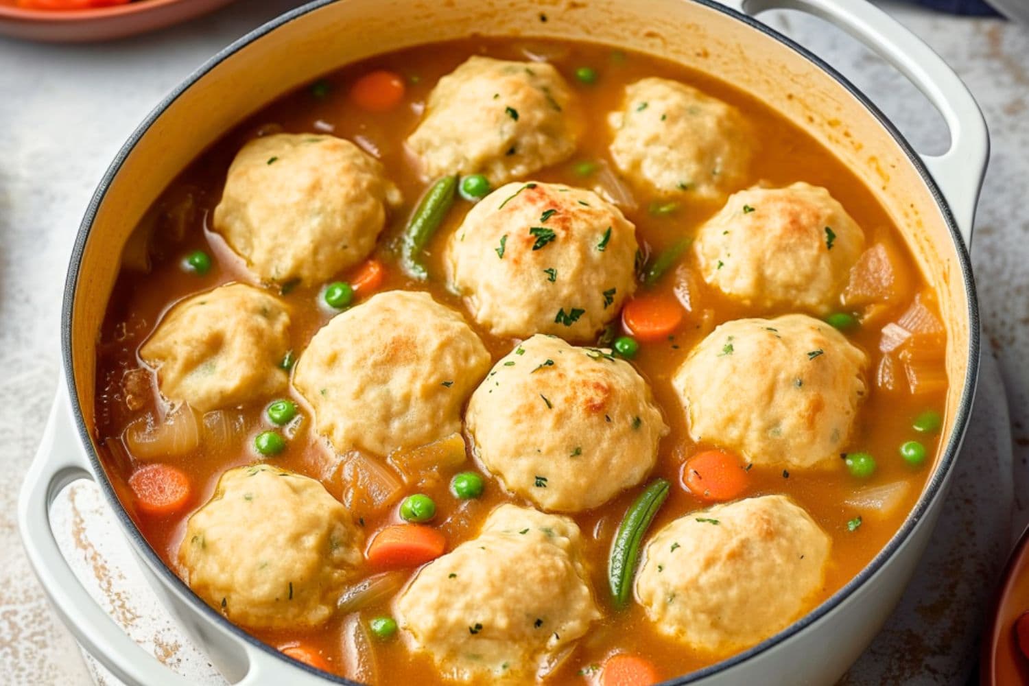 Vegetable stew with floating flour dumplings in a tomato soup cooked in a white pot.