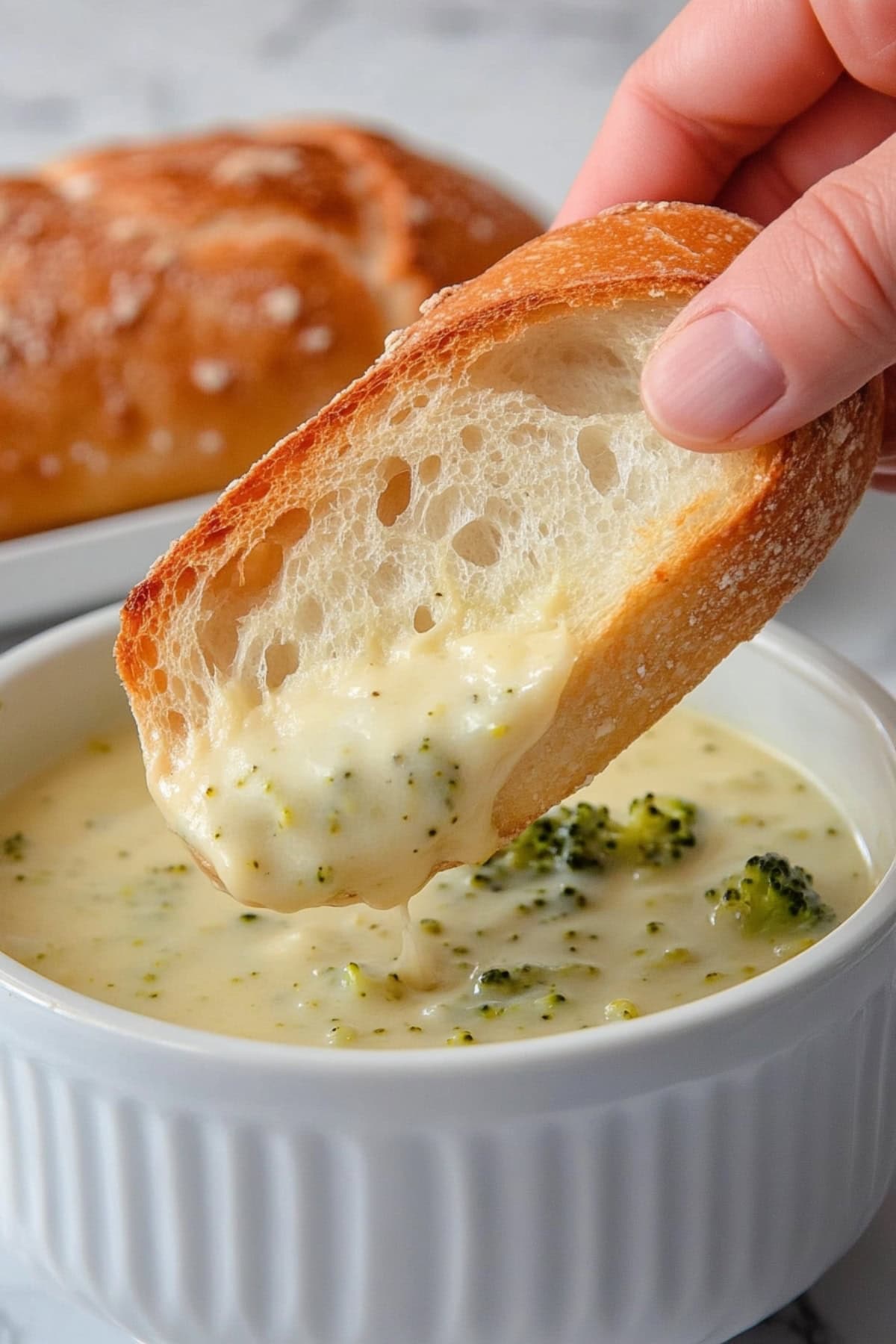 A slice of brioche bread dipped in a bowl with cheddar broccoli soup.