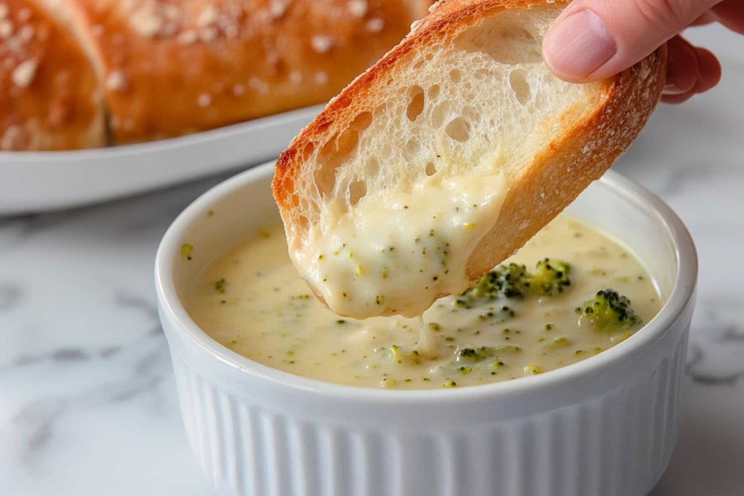 Broccoli cheddar soup serving in a white bowl.