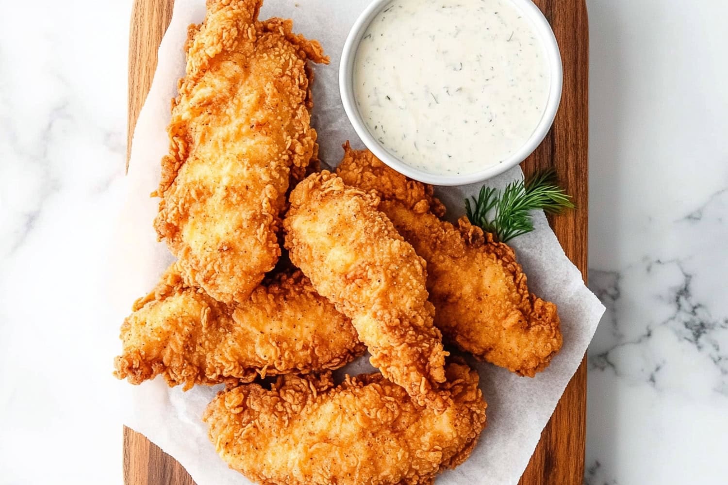 Crispy buttermilk chicken tenders arranged on a cutting board with ranch dressing on the side.