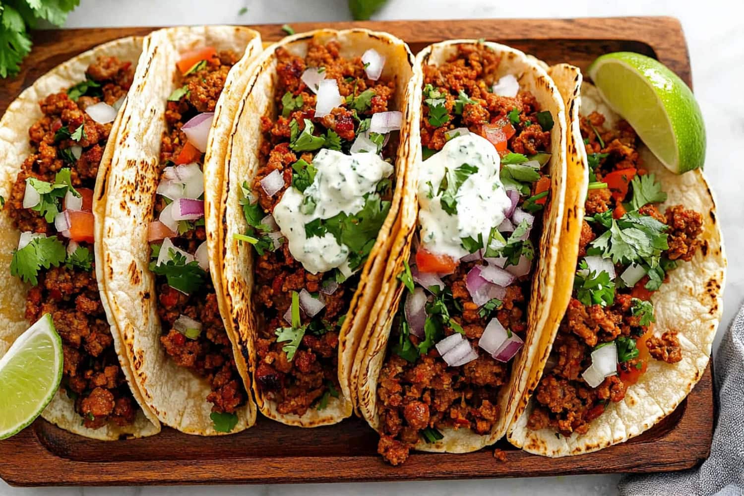 Chorizo tacos arranged in a wooden board.