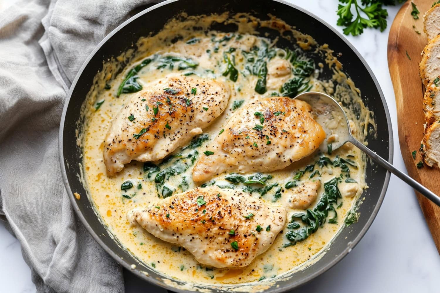 Creamy coursin chicken cooked in a skillet pan with creamy sacue and spinach.