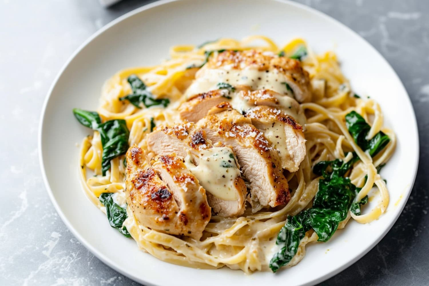 Sliced creamy chicken florentine served with pasta in a white plate.