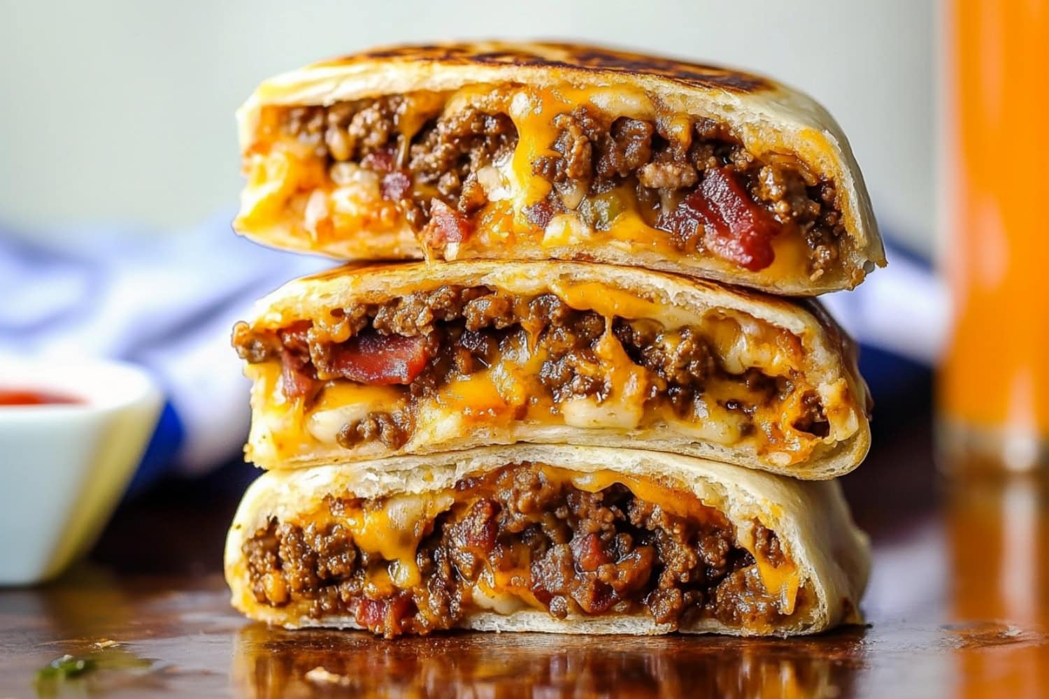 Cheesy homemade garbage bread, featuring ground beef, bacon and cheese.