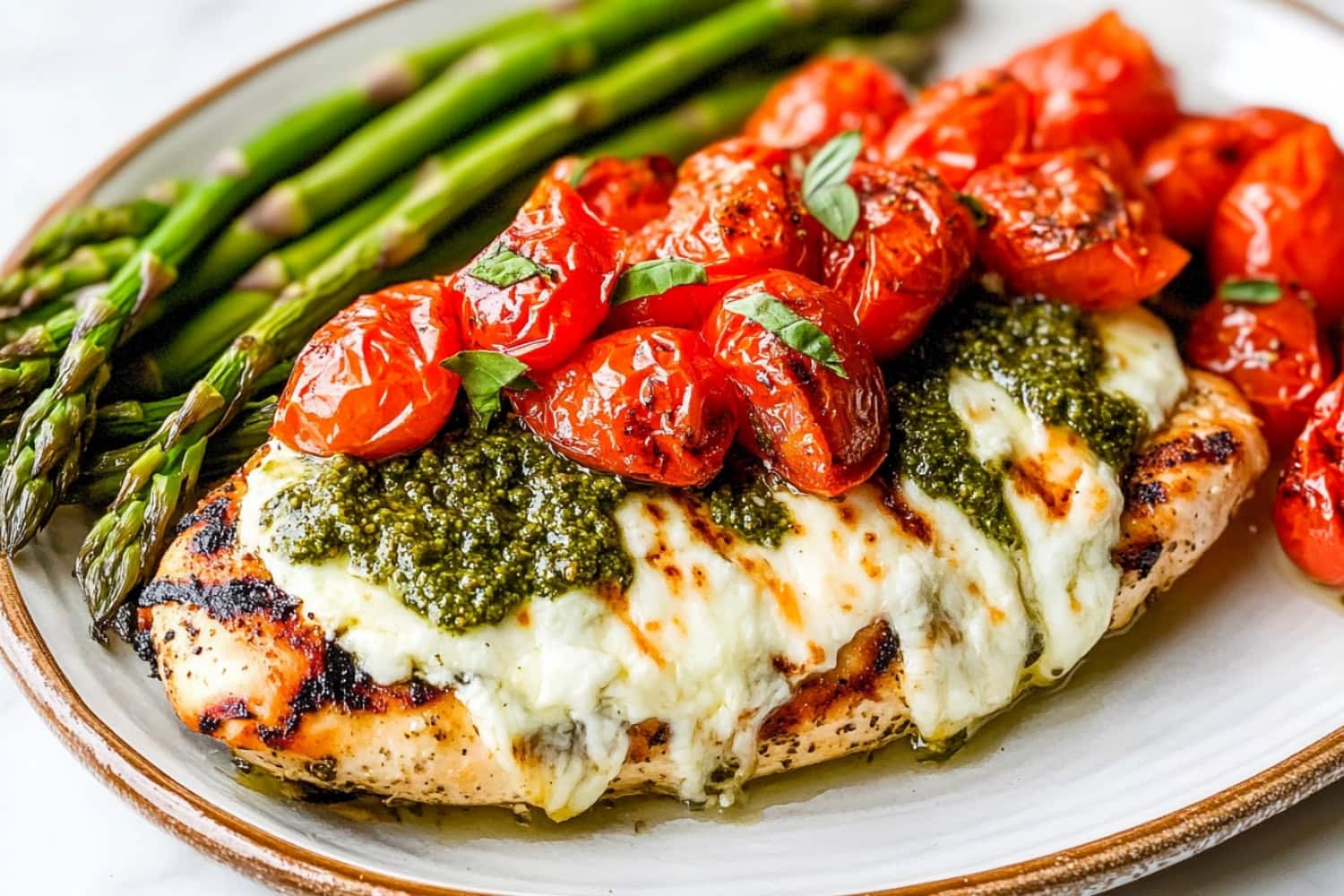 Grilled chicken topped with margherita-style ingredients, featuring melted cheese and tomatoes, served with asparagus.