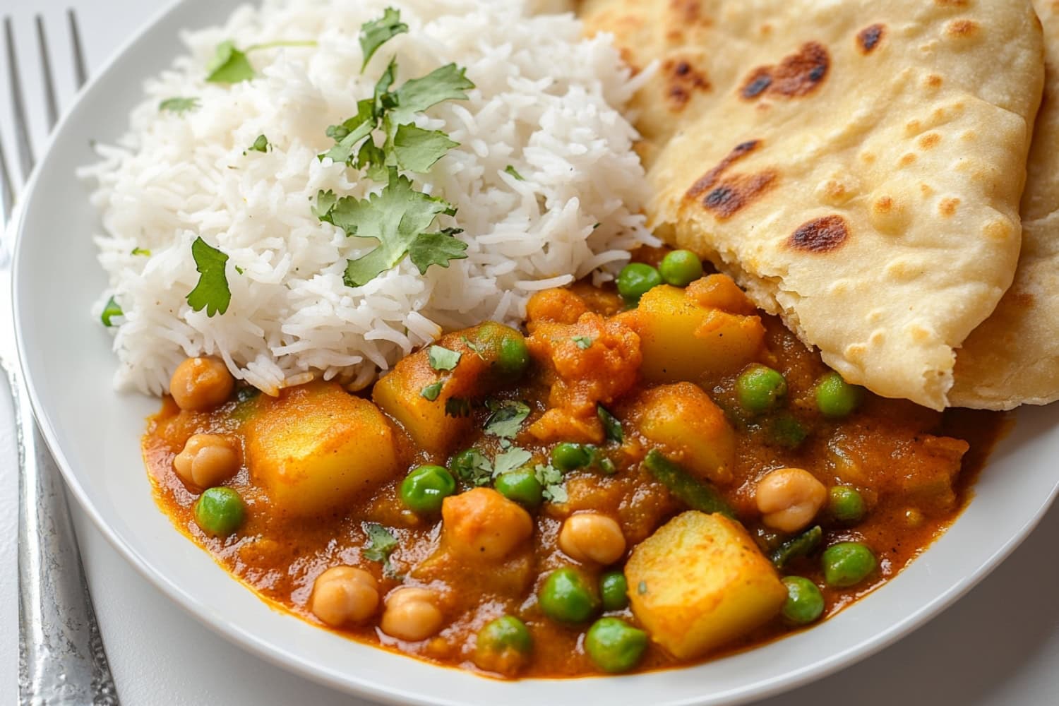 Savory homemade potato curry with a serving of basmati rice and soft naan bread.