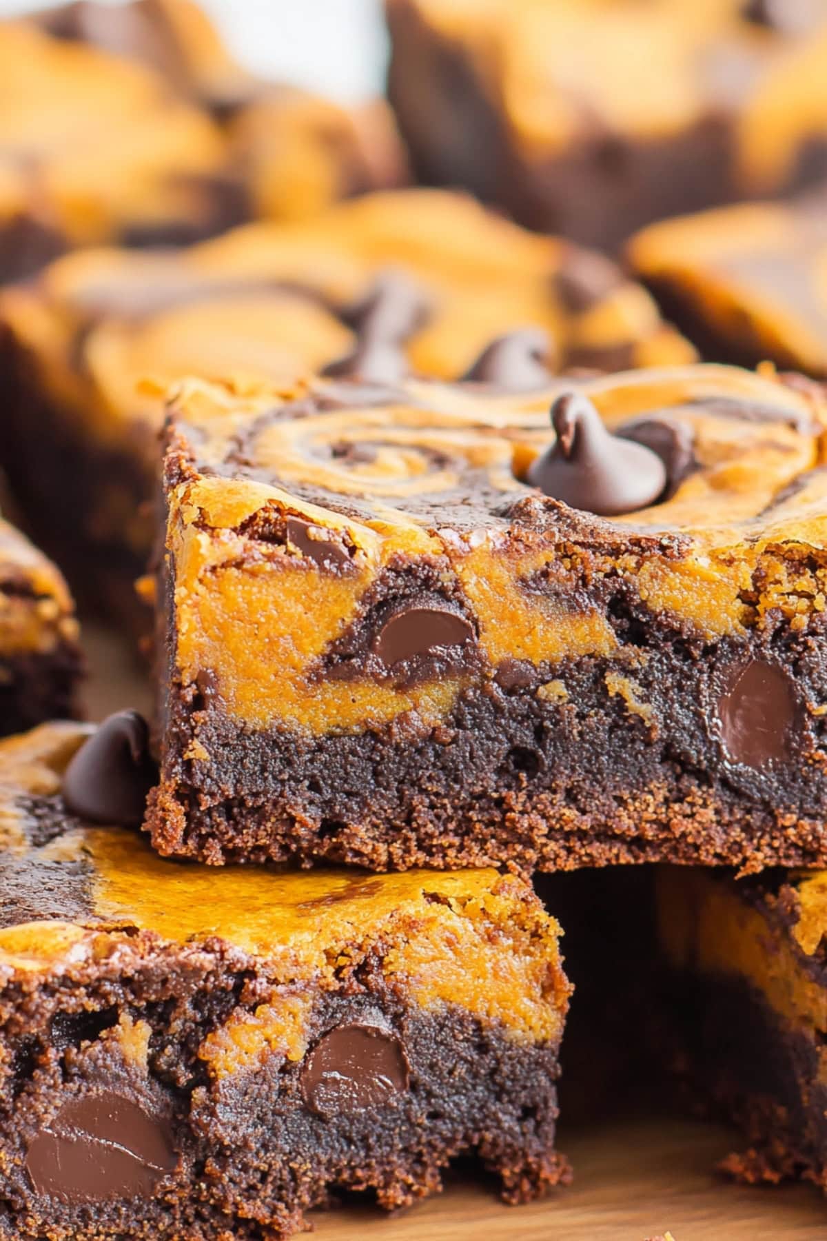 Side view of fudgy Pumpkin Brownies with chocolate chips